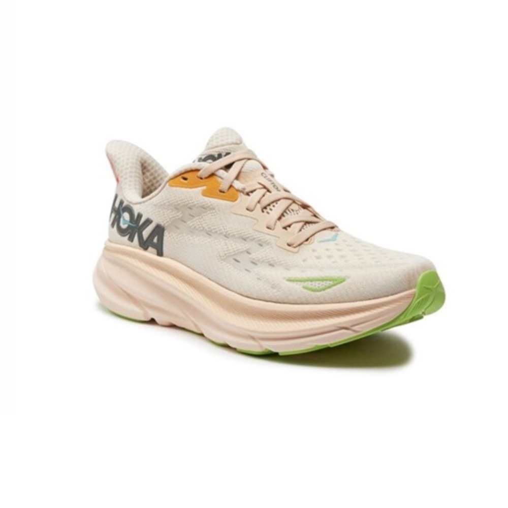 Hoka Women’s Clifton 9 Cream Running Shoes with Orange and Blue Accents